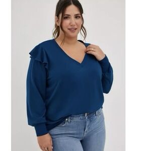 NWT Torrid Blue‎ French Terry Ruffle Shoulder Pullover V Neck Sweatshirt Size 1X
